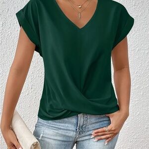 Elegant Dark Green V-Neck Short Sleeve Top